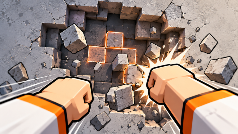 Blocky fists breaking through a concrete wall.